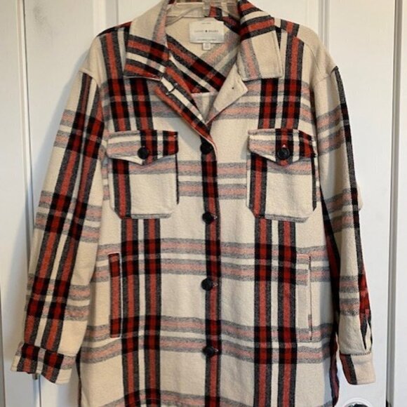 LUCKY BRAND Red Ivory Plaid Oversized Shirt Jacket Shacket Small - Picture 4 of 12